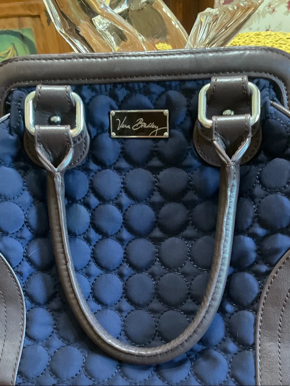Vera Bradley Navy Quilted Satchel with Brown Trim and Handles